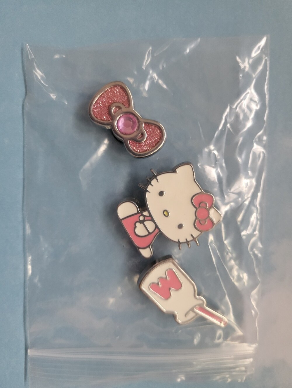 Hello Kitty pink bow, milkshake and Hello Kitty croc jibbitz, set of 3